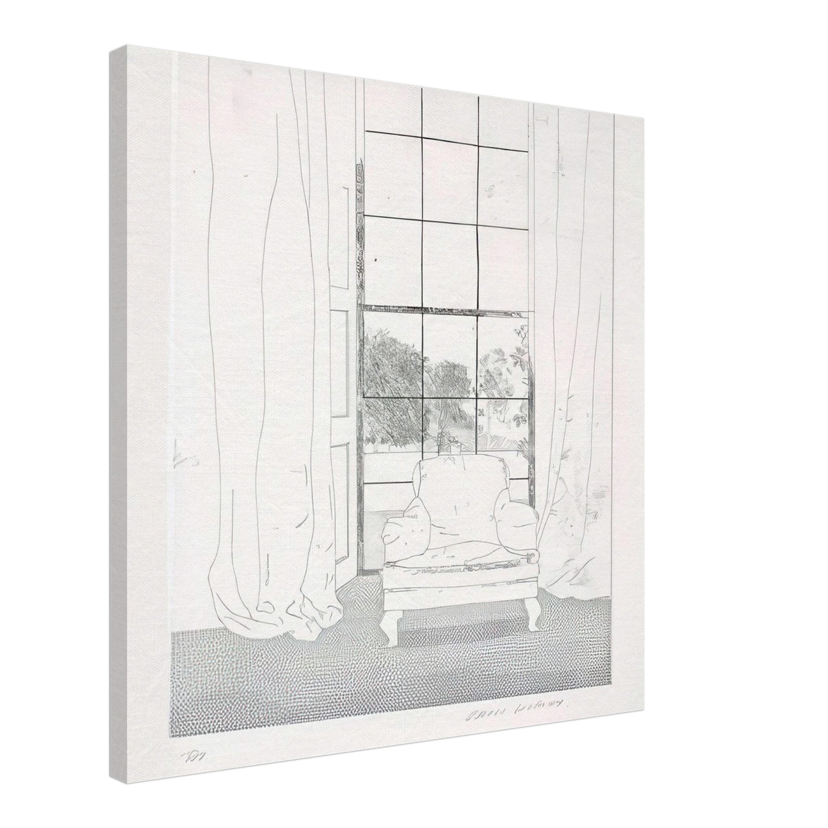 David Hockney, Home, armchair beside a curtained window overlooking a garden, canvas print, 70 × 100 cm (28 × 40 in)