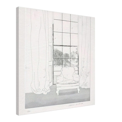 David Hockney, Home, armchair beside a curtained window overlooking a garden, canvas print, 70 × 100 cm (28 × 40 in)