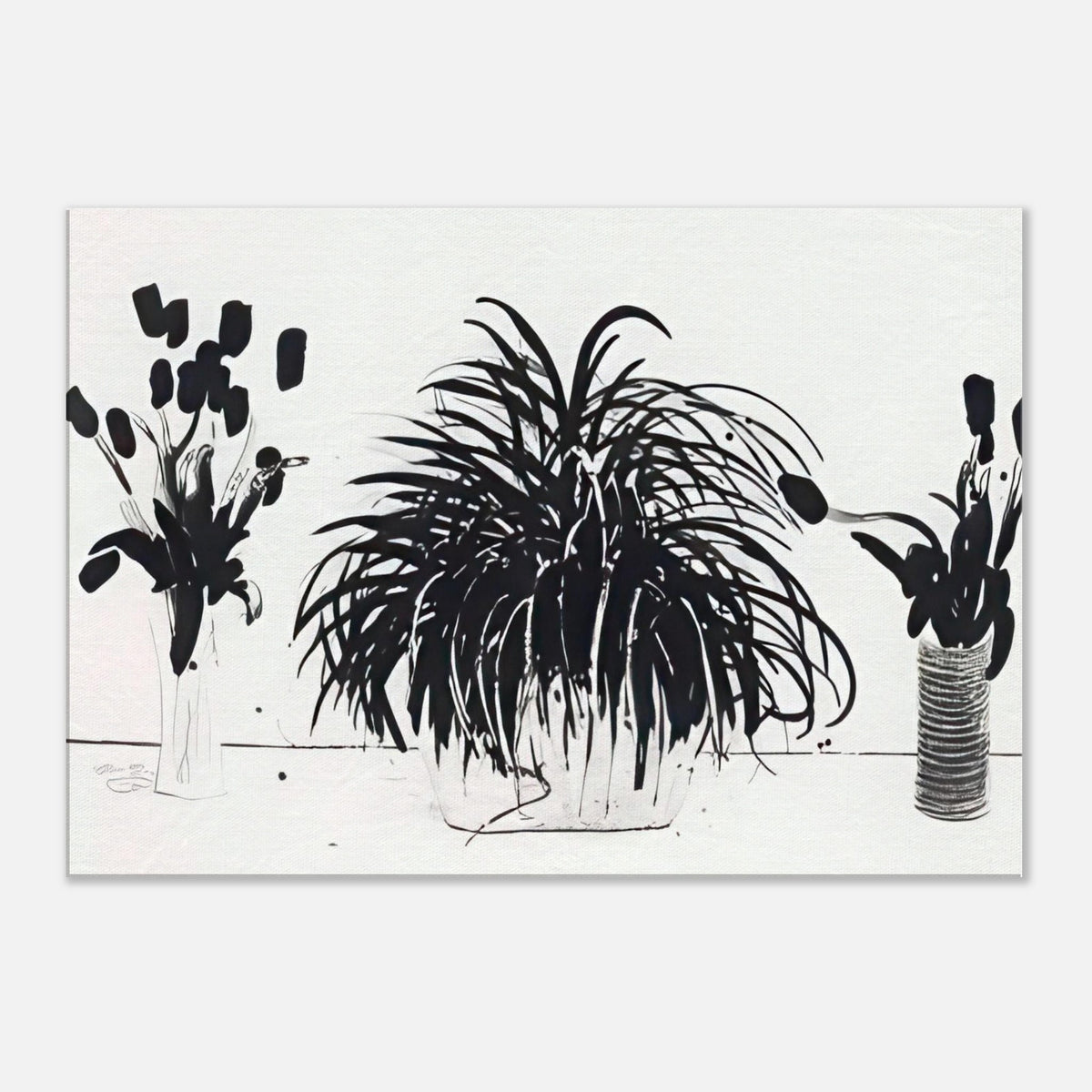 Two Vases Of Cut Flowers And A Liriope Plant by David Hockney, canvas print showing cut flowers in two vases beside a leafy liriope plant.