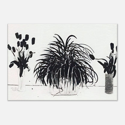 Two Vases Of Cut Flowers And A Liriope Plant by David Hockney, canvas print showing cut flowers in two vases beside a leafy liriope plant.