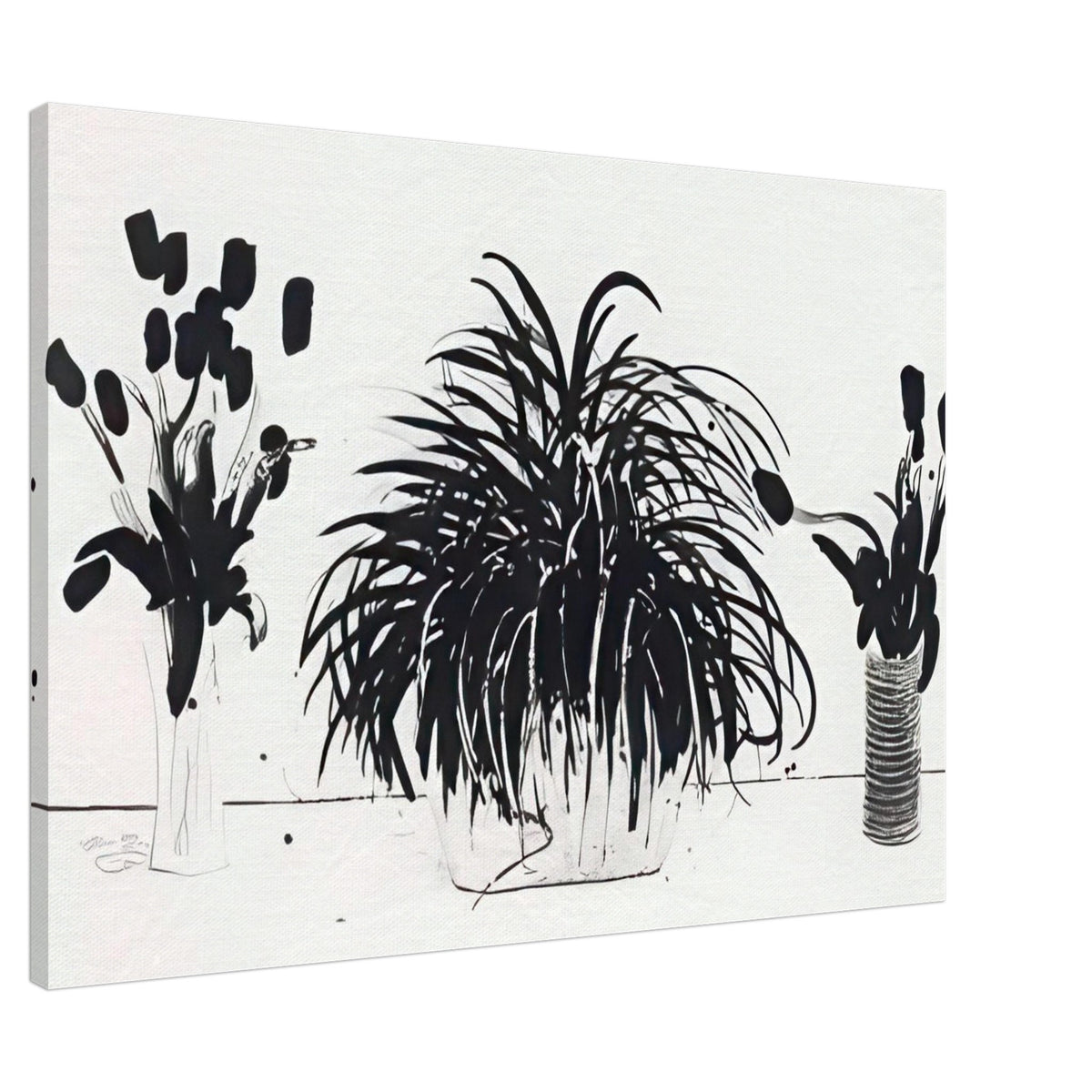 Two Vases Of Cut Flowers And A Liriope Plant by David Hockney, canvas print showing cut flowers in two vases beside a leafy liriope plant, 30 × 45 cm (12 × 18 in).