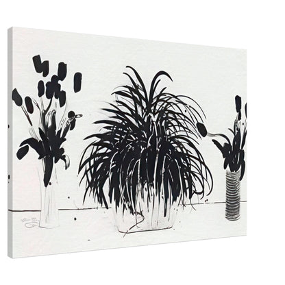 Two Vases Of Cut Flowers And A Liriope Plant by David Hockney, canvas print showing cut flowers in two vases beside a leafy liriope plant, 30 × 45 cm (12 × 18 in).
