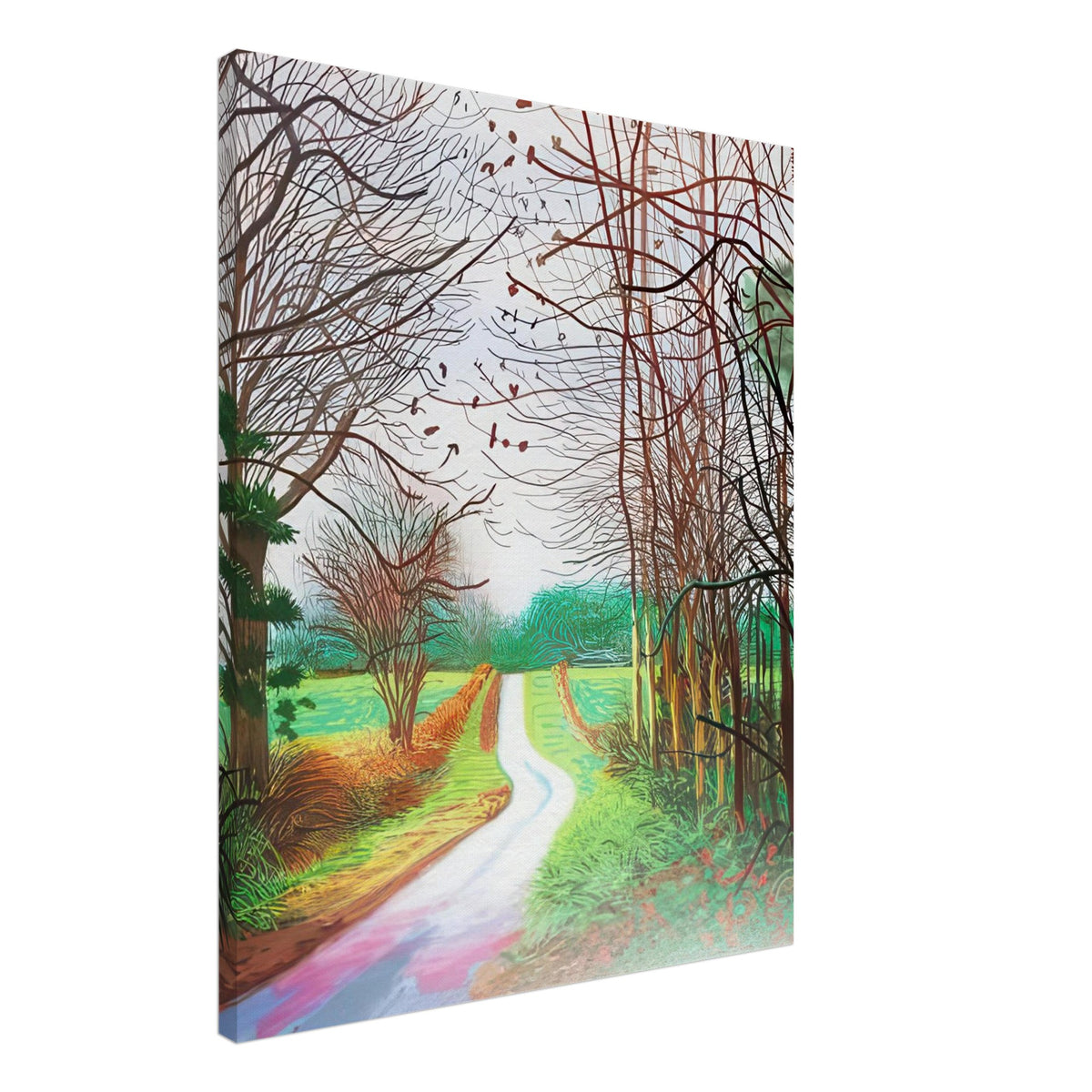 The Arrival of Spring in Woldgate, 29 December No. 1 — David Hockney canvas print of a woodland path, 60 × 75 cm (24 × 30 in).