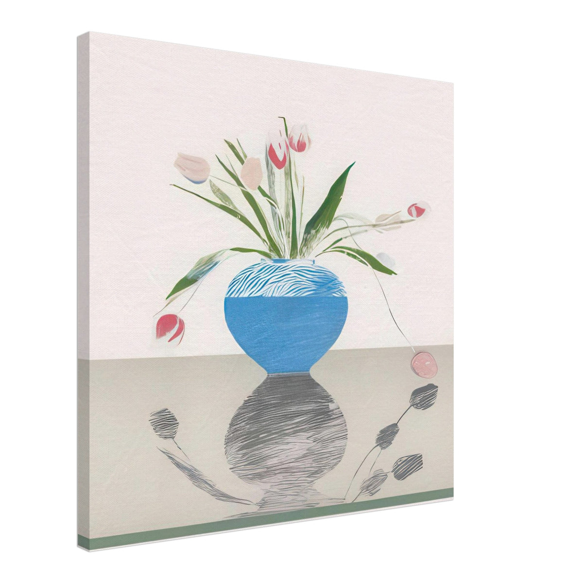 David Hockney, Pretty Tulips, pink and red tulips in a blue vase, canvas print, 70 × 100 cm (28 × 40 in)