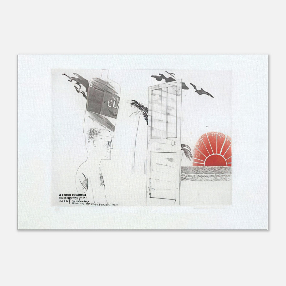 The Start Of A Spending Spree And The Door Opening For A Blonde by David Hockney, canvas print showing open doorway, symbolic objects and a red sun motif.