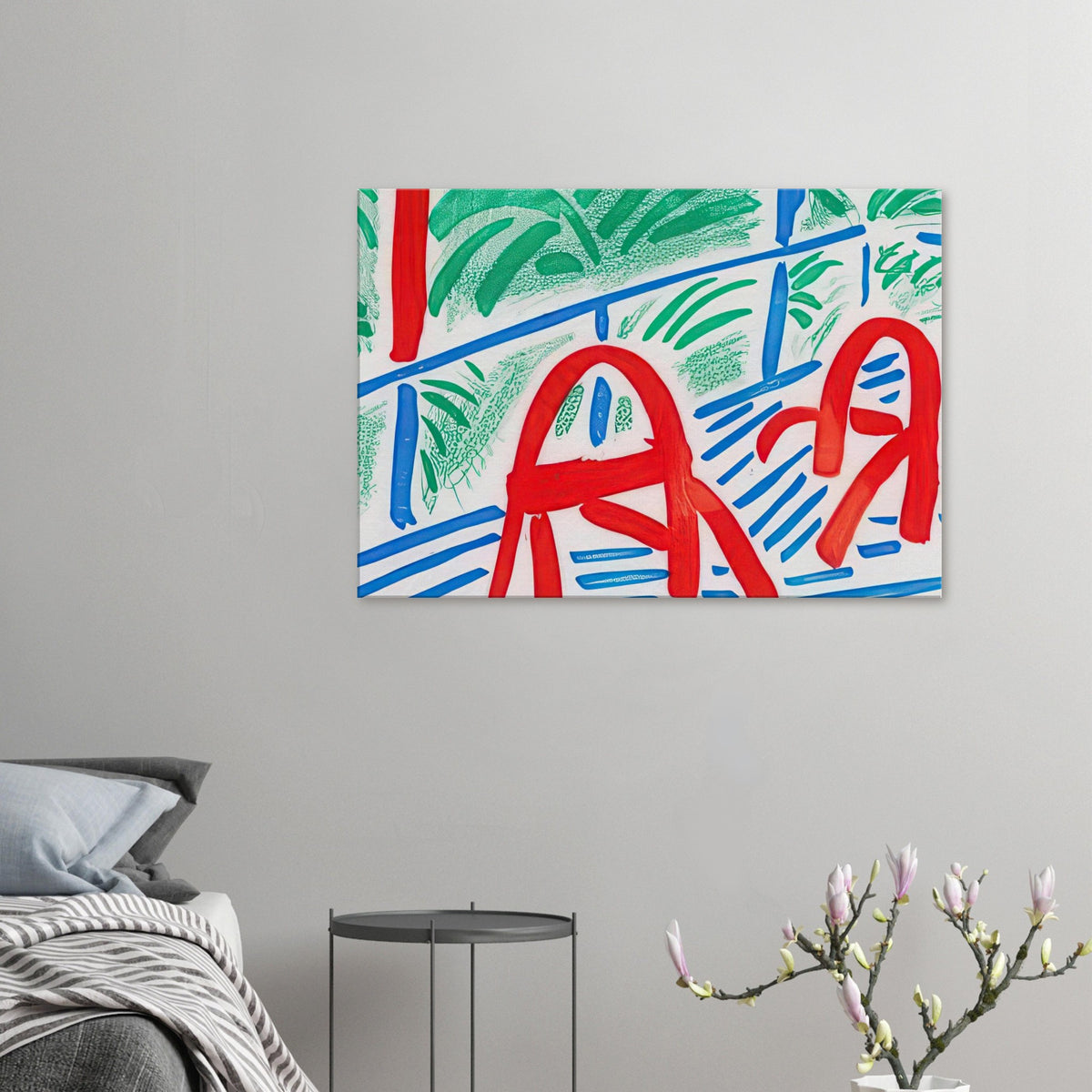 Two Red Chairs by David Hockney, canvas print showing two red chairs against green foliage and blue lines.