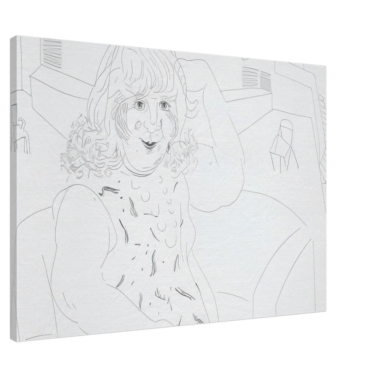 David Hockney canvas print of Ann In The Studio, showing an artist's workspace, an unfinished canvas and a garden view through a door, size 30 × 45 cm (12 × 18 in).