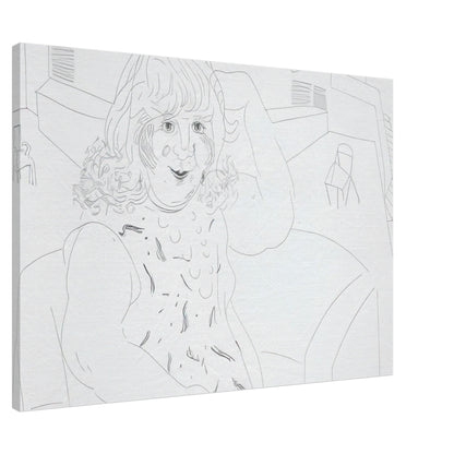 David Hockney canvas print of Ann In The Studio, showing an artist's workspace, an unfinished canvas and a garden view through a door, size 30 × 45 cm (12 × 18 in).
