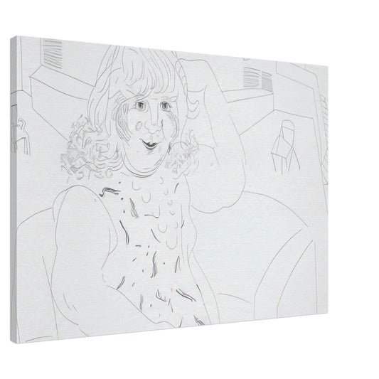 David Hockney canvas print of Ann In The Studio, showing an artist's workspace, an unfinished canvas and a garden view through a door, size 30 × 45 cm (12 × 18 in).