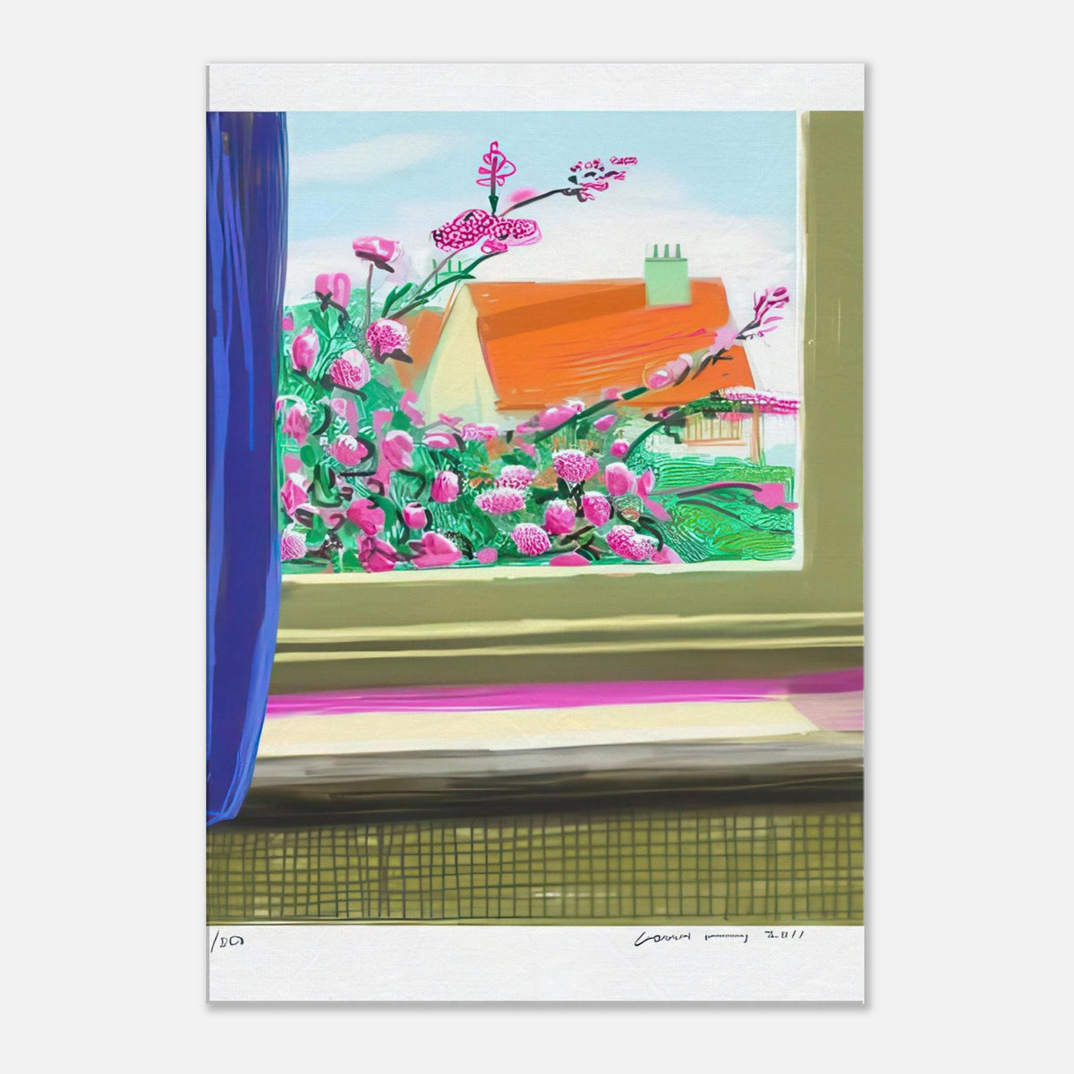 David Hockney, Untitled No. 778, flowers and a red-roofed house seen through a window, canvas print