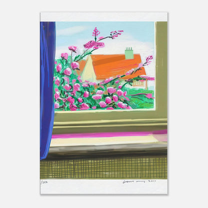 David Hockney, Untitled No. 778, flowers and a red-roofed house seen through a window, canvas print