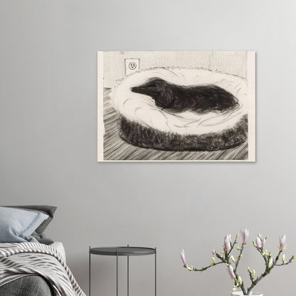 Dog Etching No. 5 by David Hockney, canvas print showing dark-coated dog resting on a cushioned seat in etched black-and-white lines.