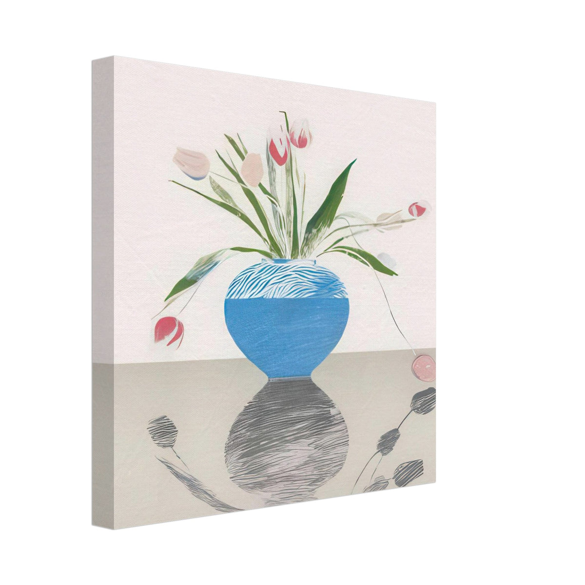 David Hockney, Pretty Tulips, pink and red tulips in a blue vase, canvas print, 27 × 35 cm (11 × 14 in)