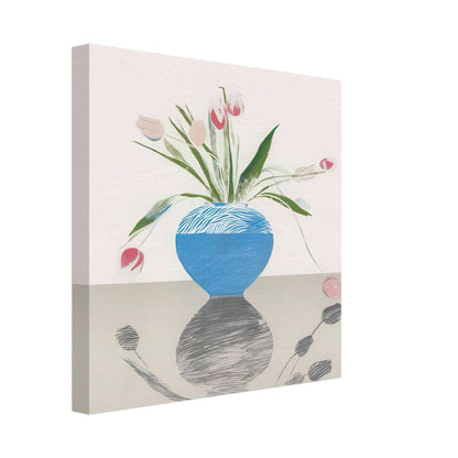David Hockney, Pretty Tulips, pink and red tulips in a blue vase, canvas print, 27 × 35 cm (11 × 14 in)