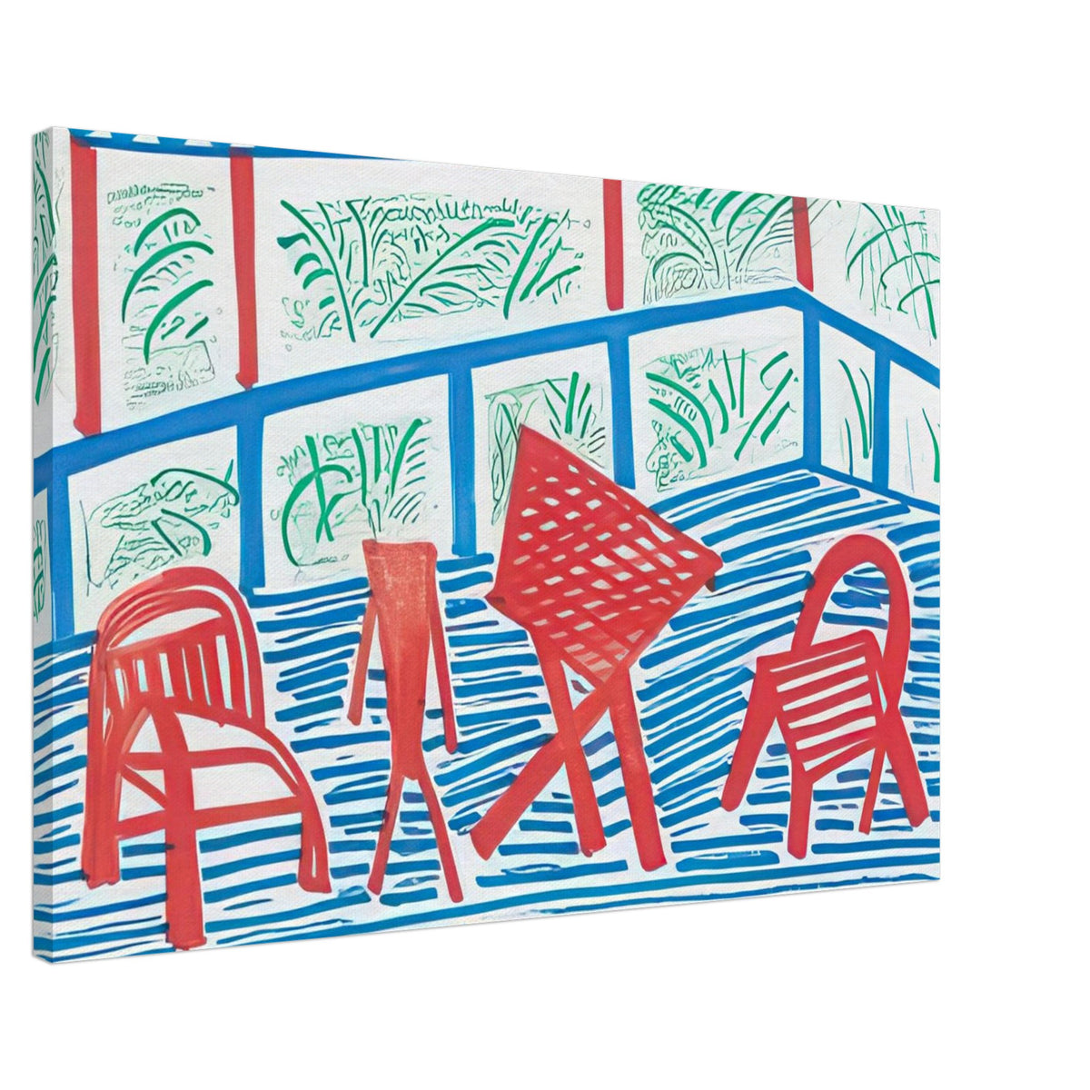 Two Red Chairs And Table by David Hockney, canvas print showing two red chairs and a table against blue-striped flooring and green foliage, 70 × 100 cm (28 × 40 in).