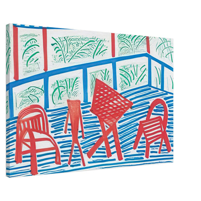 Two Red Chairs And Table by David Hockney, canvas print showing two red chairs and a table against blue-striped flooring and green foliage, 70 × 100 cm (28 × 40 in).