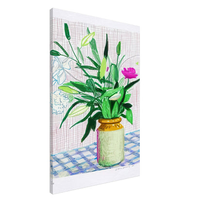 David Hockney, Untitled No. 516, flowers and ferns in a vase on a blue checked table, canvas print, 50 × 50 cm (20 × 20 in)