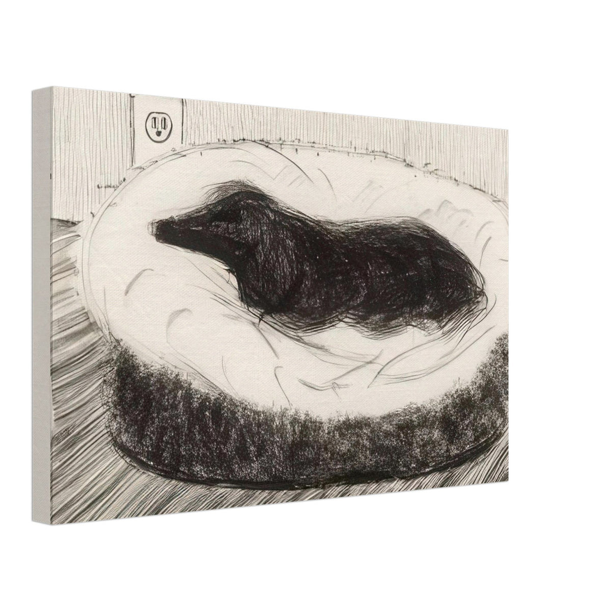 Dog Etching No. 5 by David Hockney, canvas print showing dark-coated dog resting on a cushioned seat in etched black-and-white lines, 70 × 100 cm (28 × 40 in).