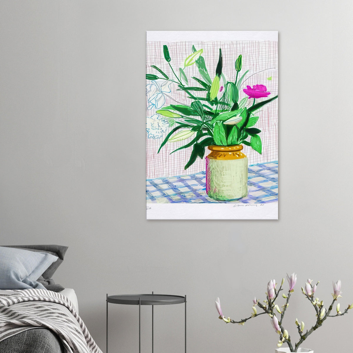 David Hockney, Untitled No. 516, flowers and ferns in a vase on a blue checked table, canvas print