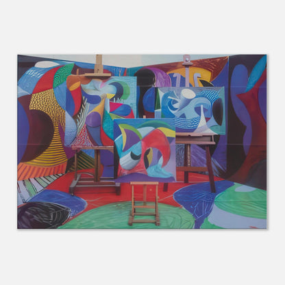 David Hockney canvas print of Painted Environment II, depicting three canvases on easels within a patterned interior.