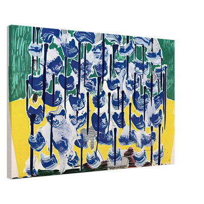 Slow Forest by David Hockney, canvas print showing abstract blue, white, green and yellow shapes with layered textures, 60 × 90 cm (24 × 36 in).