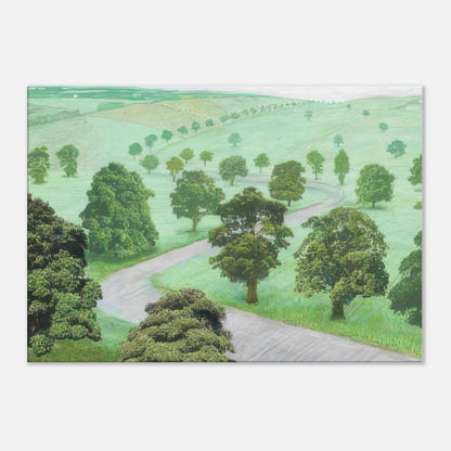 David Hockney canvas print of Green Valley, showing open fields, flowering trees and a winding road in soft, misty colours.