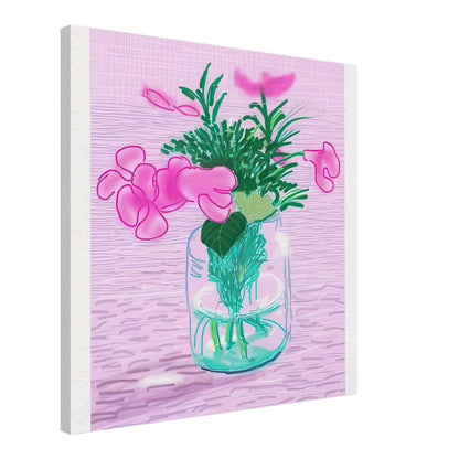 David Hockney, Untitled No. 329, pink flowers in a glass vase, canvas print, 50 × 70 cm (20 × 28 in)