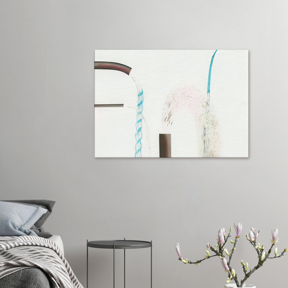 Water Pouring Into Swimming Pool, Santa Monica by David Hockney, canvas print showing water flowing from curved outlets, drawn with expressive blue lines.