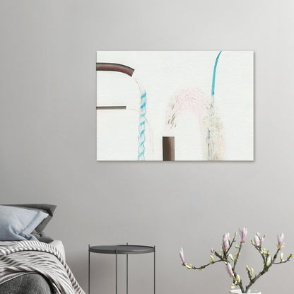 Water Pouring Into Swimming Pool, Santa Monica by David Hockney, canvas print showing water flowing from curved outlets, drawn with expressive blue lines.
