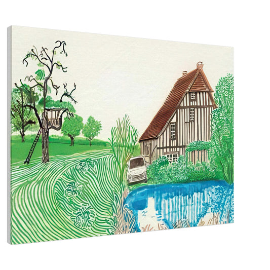 In Front Of House Looking East by David Hockney, canvas print showing Normandy country house, garden and lush greenery, 30 × 45 cm (12 × 18 in).