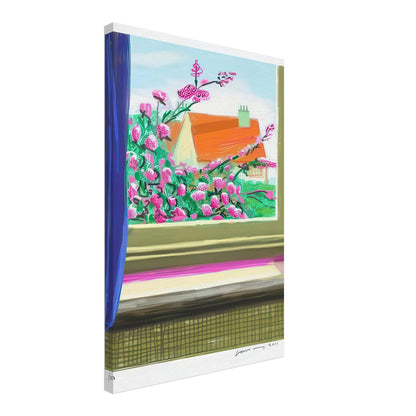 David Hockney, Untitled No. 778, flowers and a red-roofed house seen through a window, canvas print, 50 × 75 cm (20 × 30 in)