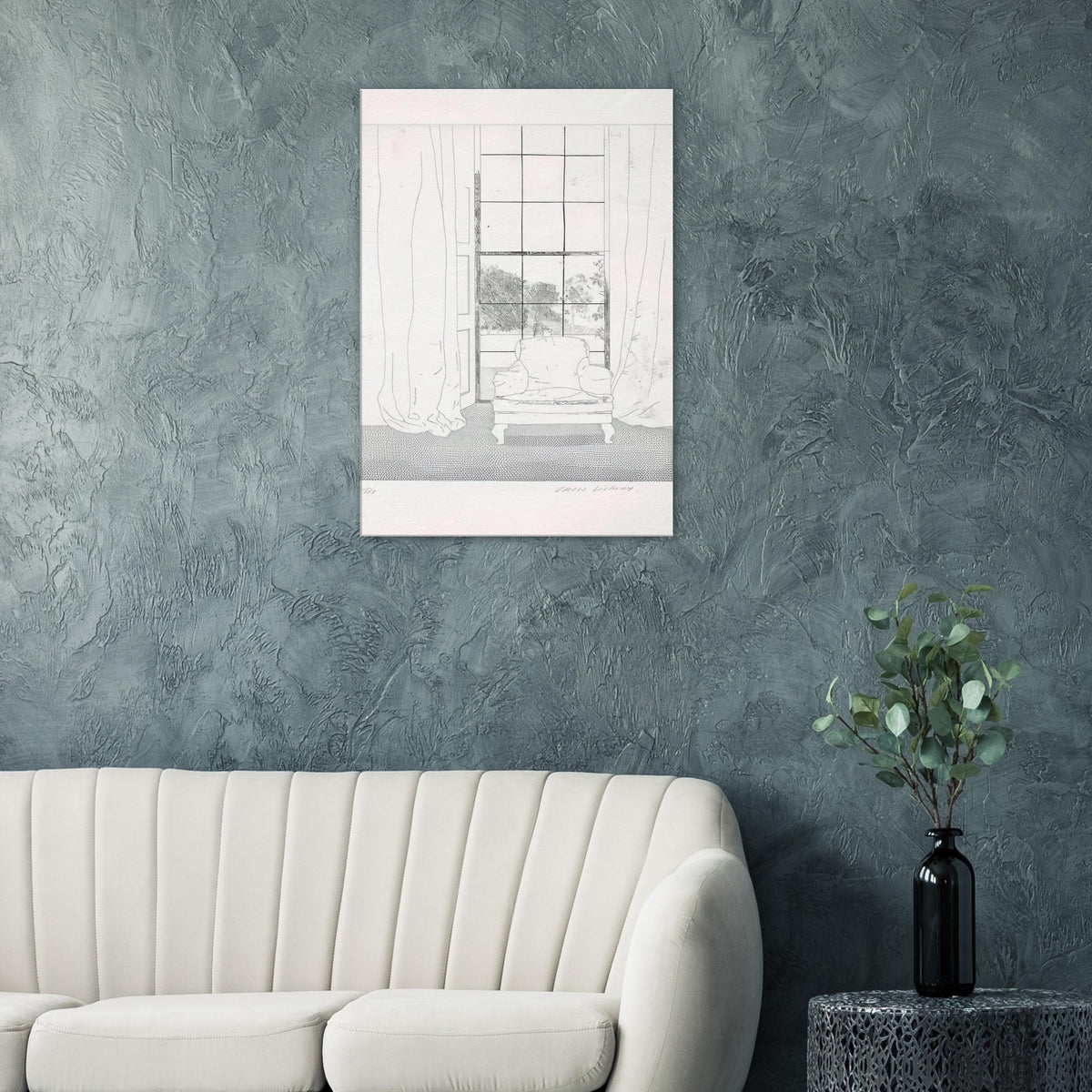 David Hockney, Home, armchair beside a curtained window overlooking a garden, canvas print
