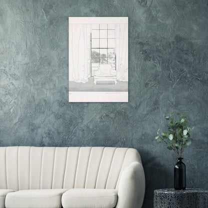 David Hockney, Home, armchair beside a curtained window overlooking a garden, canvas print