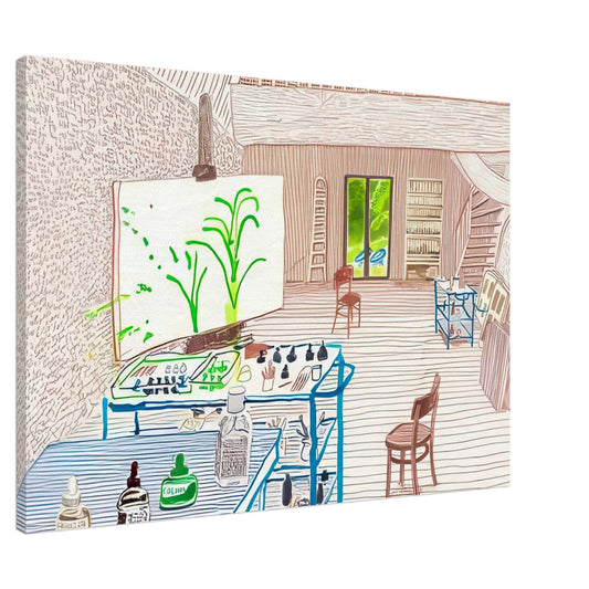 David Hockney canvas print of In The Studio, showing an artist's workspace, an unfinished canvas and a garden view through a door, size 30 × 45 cm (12 × 18 in).