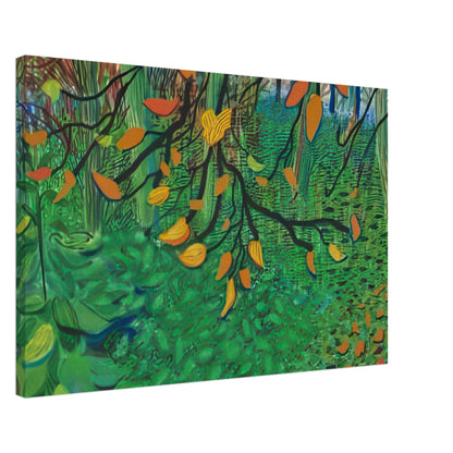 Autumn Leaves by David Hockney, canvas print showing orange and yellow autumn leaves against textured green foliage, 60 × 90 cm (24 × 36 in).