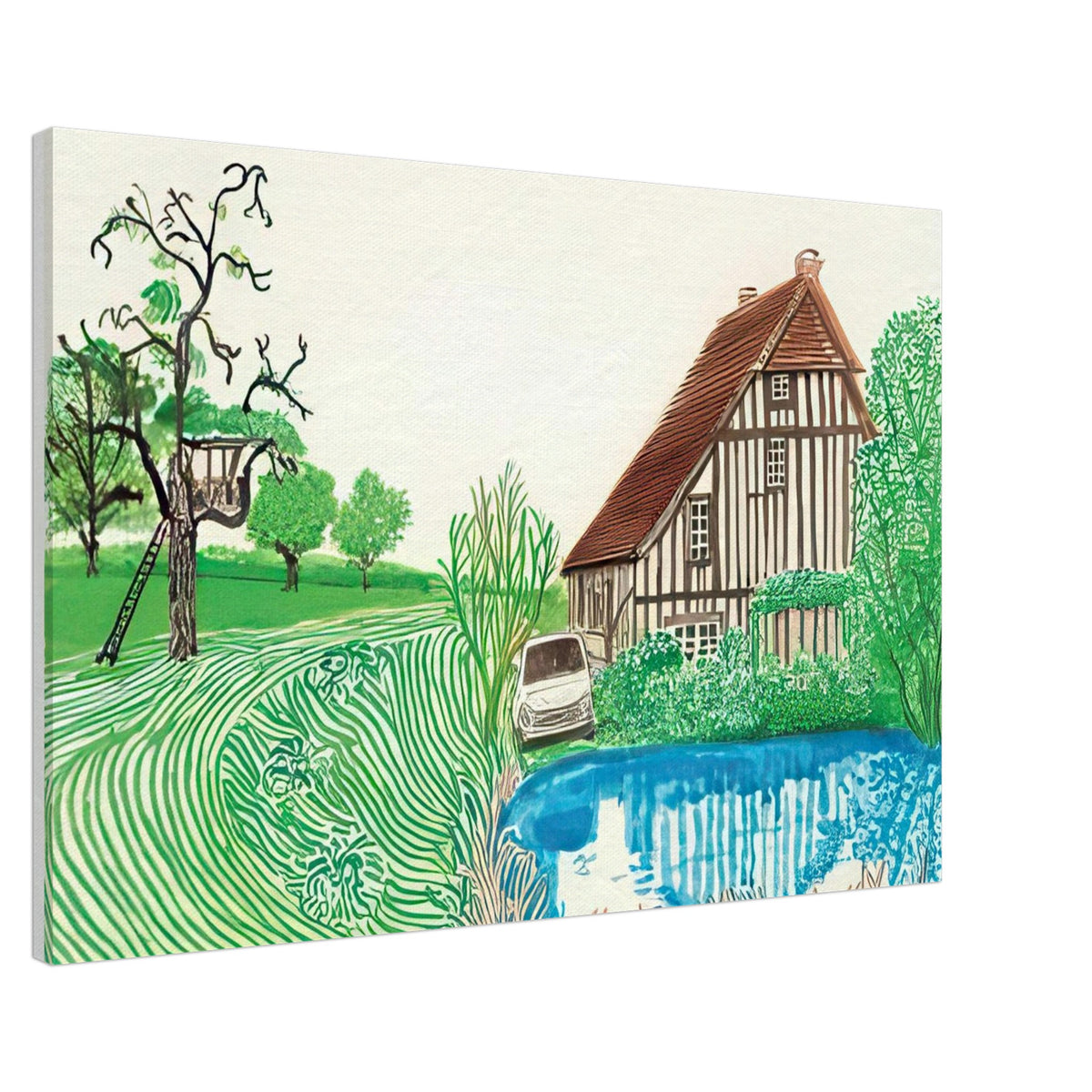 In Front Of House Looking East by David Hockney, canvas print showing Normandy country house, garden and lush greenery, 70 × 100 cm (28 × 40 in).