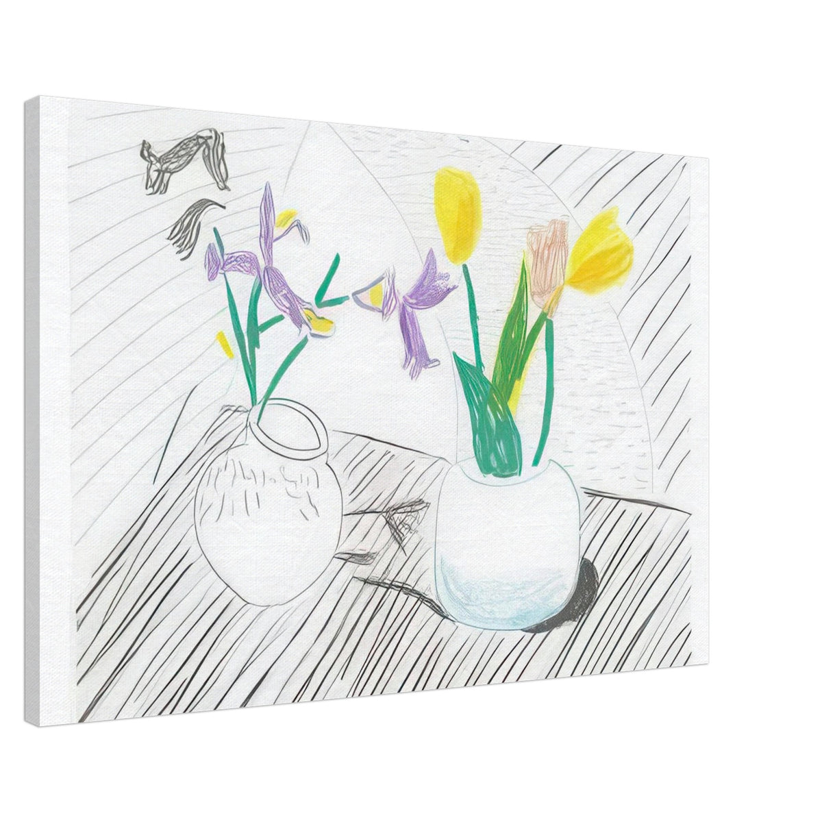 White Porcelain by David Hockney, canvas print showing two porcelain vases holding purple irises and red and yellow tulips, 50 × 75 cm (20 × 30 in).