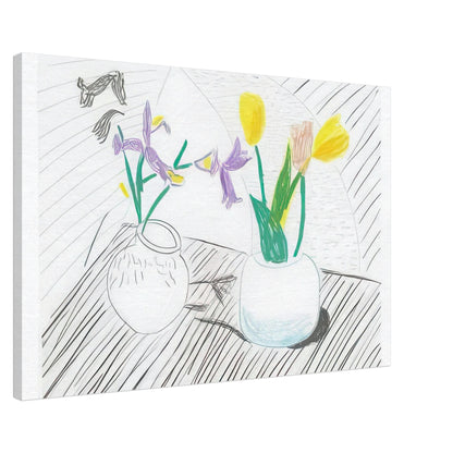 White Porcelain by David Hockney, canvas print showing two porcelain vases holding purple irises and red and yellow tulips, 50 × 75 cm (20 × 30 in).