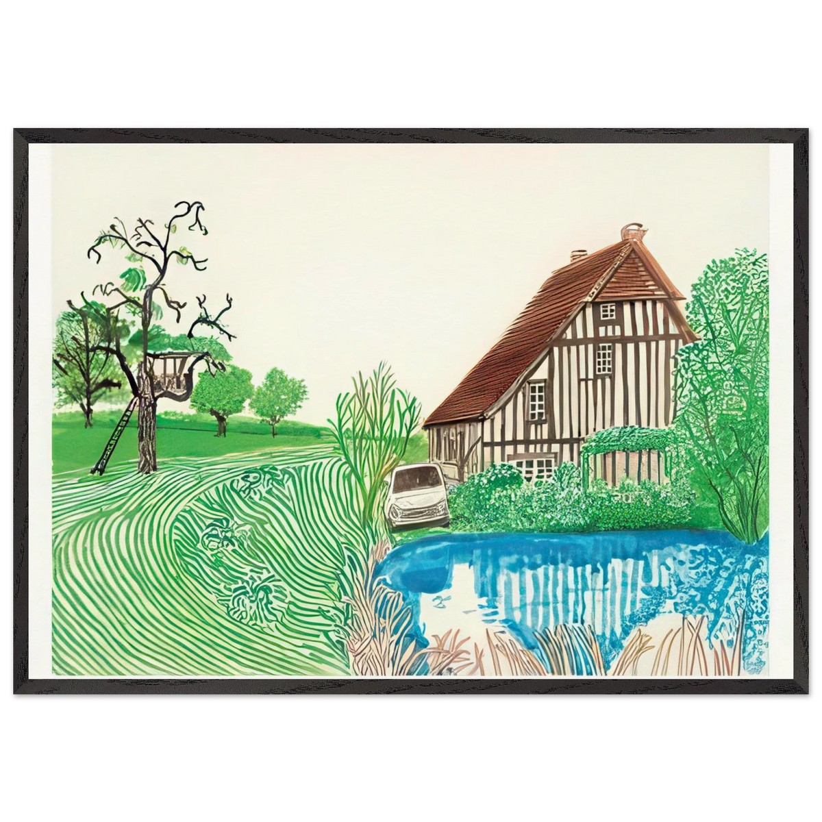 In Front Of House Looking East - Signed Print by David Hockney 70x100 cm / 28x40″ inches Framed Art Print – Black Wooden Frame