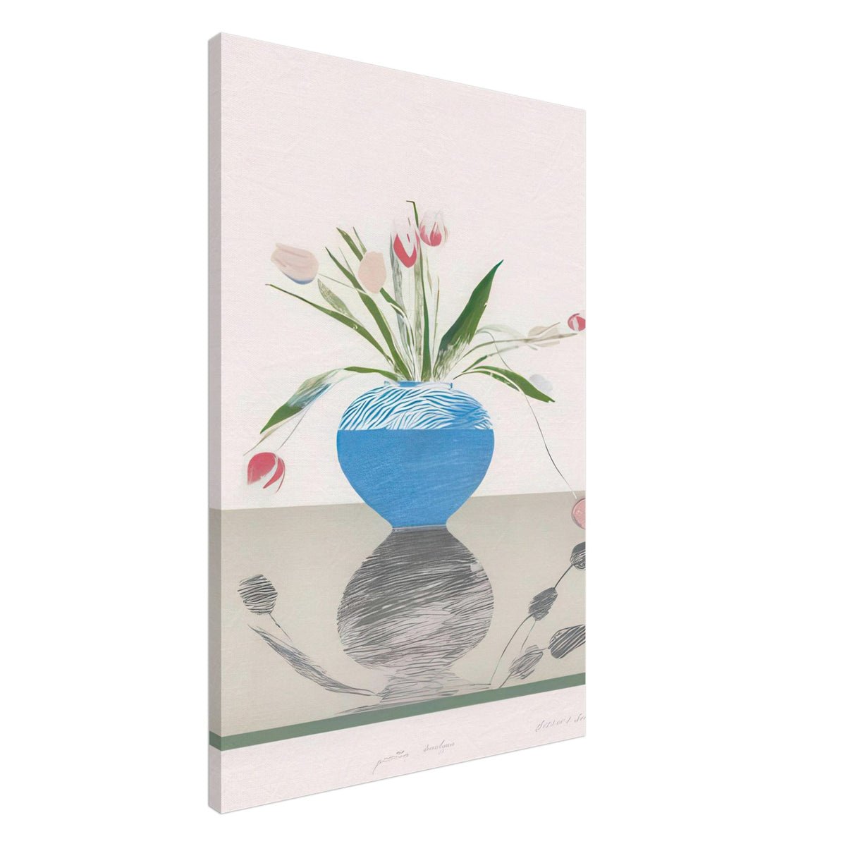 David Hockney, Pretty Tulips, pink and red tulips in a blue vase, canvas print, 60 × 80 cm (24 × 32 in)