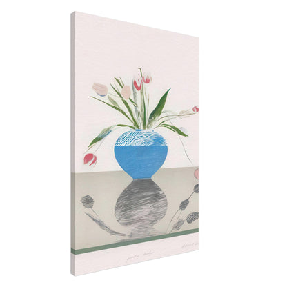 David Hockney, Pretty Tulips, pink and red tulips in a blue vase, canvas print, 60 × 80 cm (24 × 32 in)