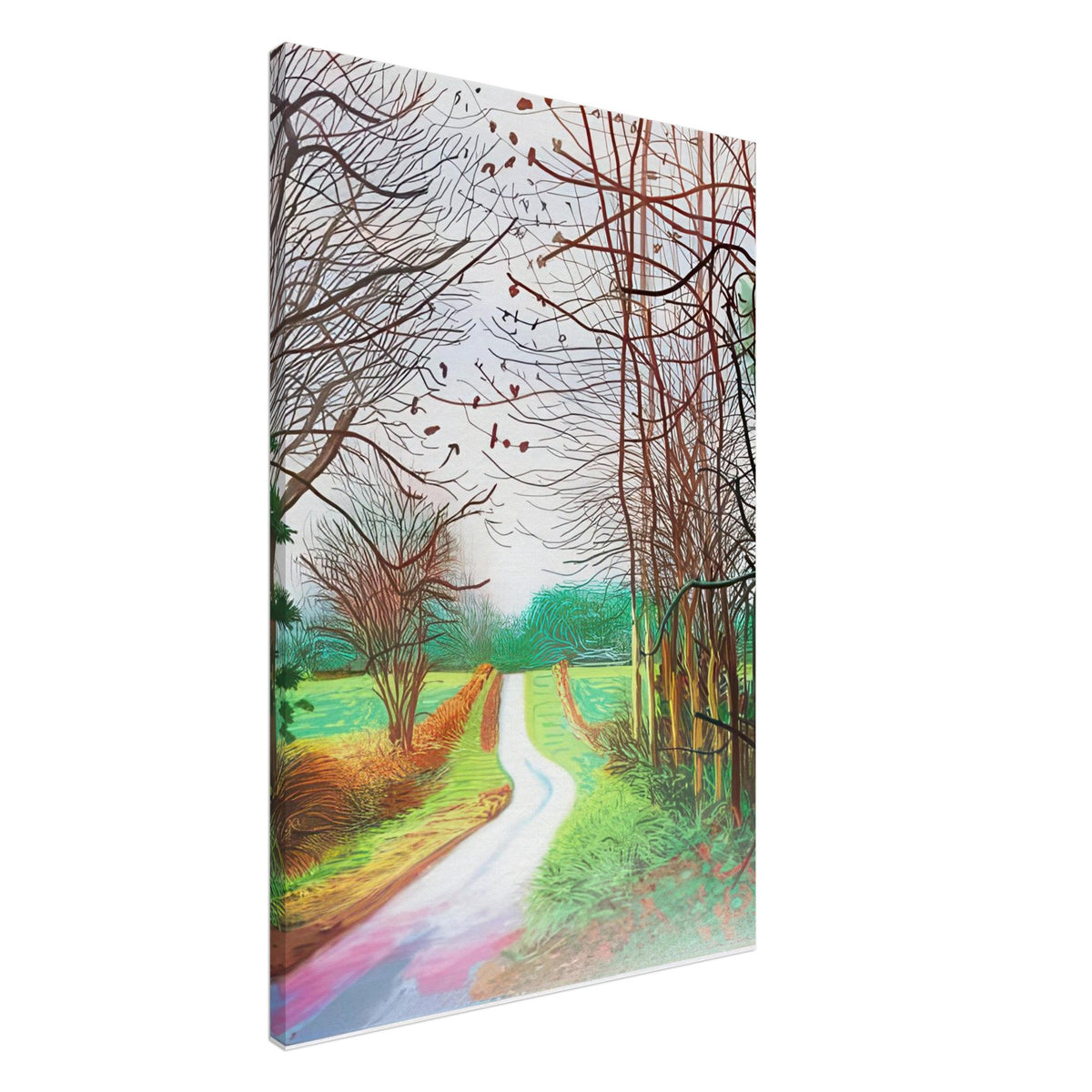 The Arrival of Spring in Woldgate, 29 December No. 1 — David Hockney canvas print of a woodland path, 60 × 80 cm (24 × 32 in).