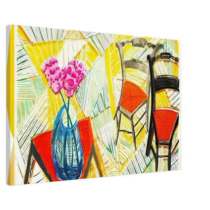 Walking Past Two Chairs by David Hockney, canvas print showing two wooden chairs at contrasting angles with bold red seats, 60 × 90 cm (24 × 36 in).