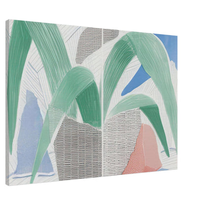 Green Grey Blue Plant July by David Hockney, canvas print showing a leafy potted plant with green foliage, blue and grey accents, and warm red tones, 30 × 45 cm (12 × 18 in).