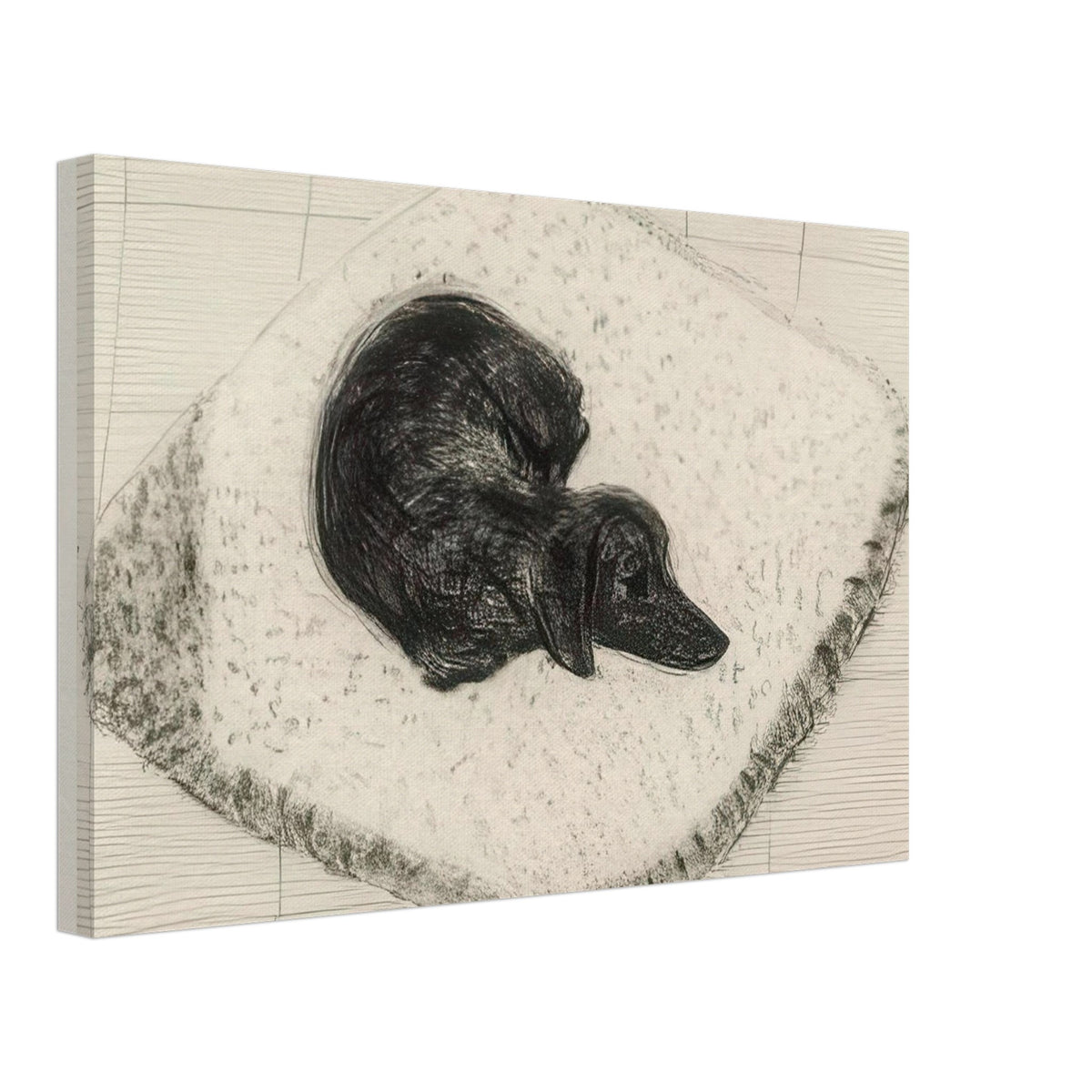 Dog Etching No. 12 by David Hockney, canvas print showing a dark-coated dog curled up on a textured cushion in etched black-and-white lines, 70 × 100 cm (28 × 40 in).