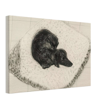 Dog Etching No. 12 by David Hockney, canvas print showing a dark-coated dog curled up on a textured cushion in etched black-and-white lines, 70 × 100 cm (28 × 40 in).