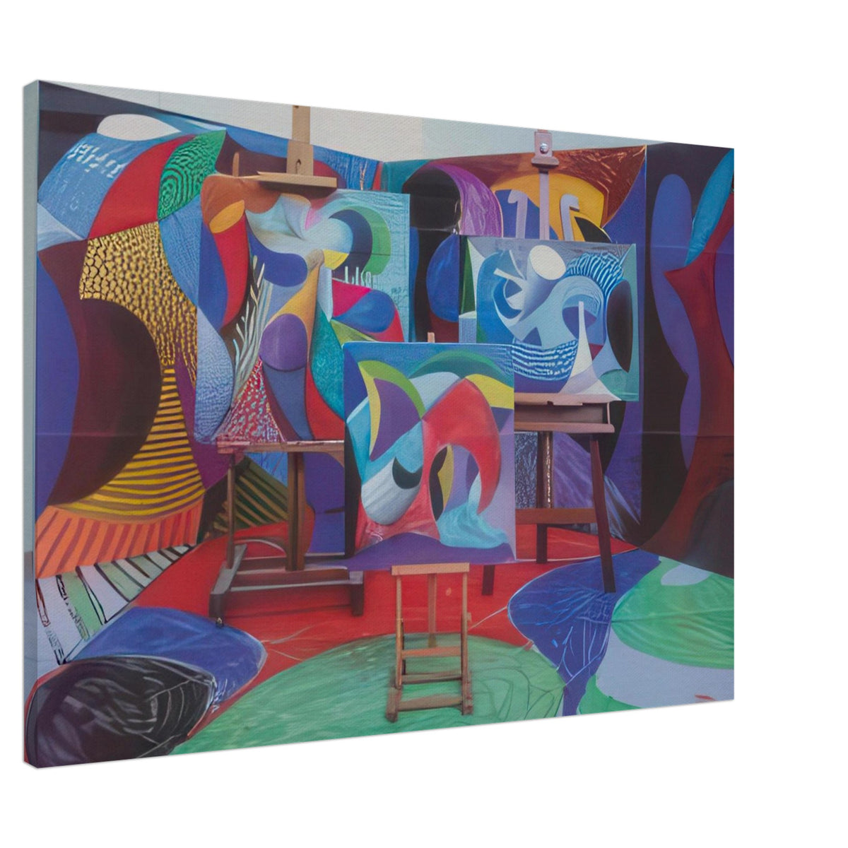 David Hockney canvas print of Painted Environment II, depicting three canvases on easels within a patterned interior, size 30 × 45 cm (12 × 18 in).