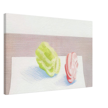 Two Peppers by David Hockney, canvas print showing red and green bell peppers against a textured background with blue shadows, 60 × 90 cm (24 × 36 in).