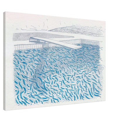 David Hockney canvas print of Lithographic Water Made Of Lines And Crayon, using layered green and blue washes to depict rippling pool water, size 30 × 45 cm (12 × 18 in).