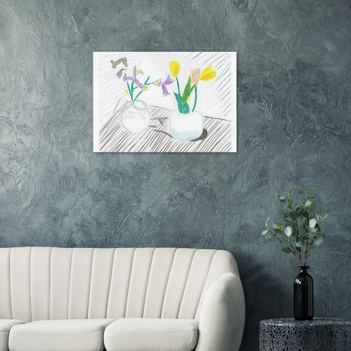 White Porcelain by David Hockney, canvas print showing two porcelain vases holding purple irises and red and yellow tulips.